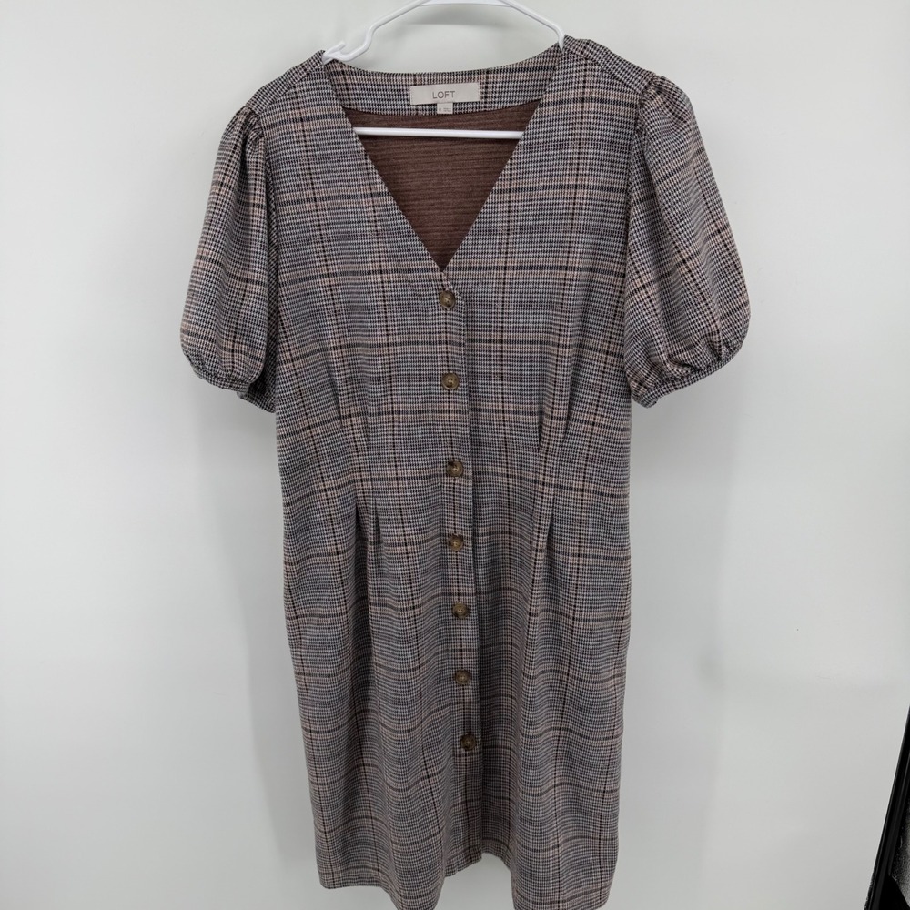 LOFT Plaid Button‎ Front V-Neck Puff Sleeve Shift Dress Brown Houndstooth 10